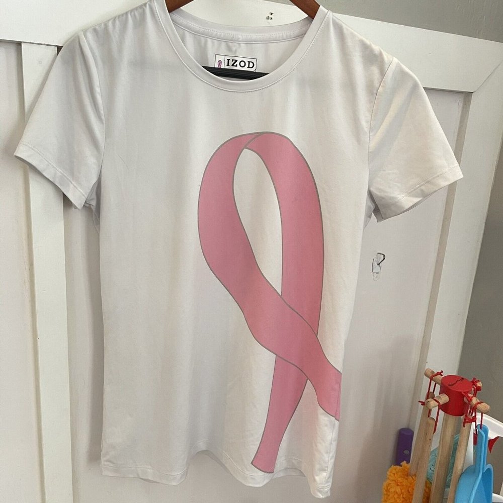 Izod Golf Shirt White Breast Cancer Dry Fit Active Short Sleeve Top Medium Shirt